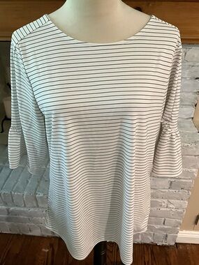 Women's White and Black Striped Bell Sleeve Top